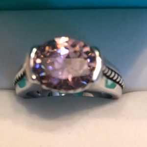 Pink topaz on silver band ring